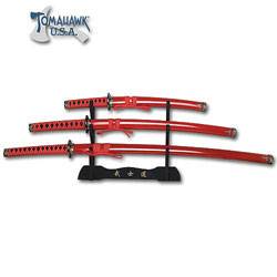 3 Piece Samurai Red Dragon Sword Set with Stand